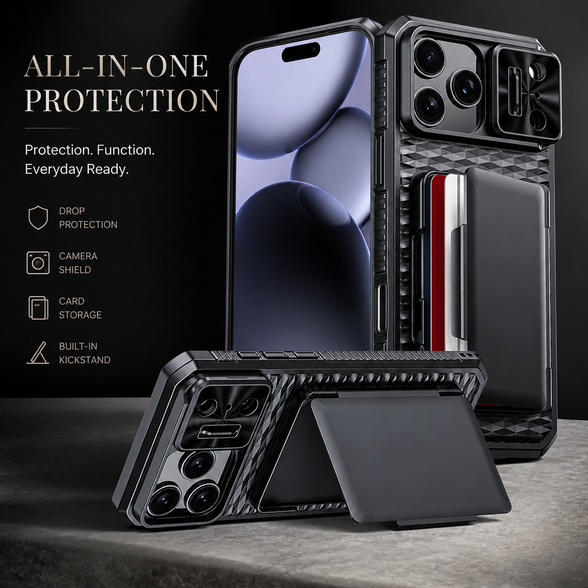 Premium iPhone Case Wallet Card Holder Sliding Camera Cover Stand Shockproof Dual Layer Heavy Duty Full Coverage Slim Protective Durable Design