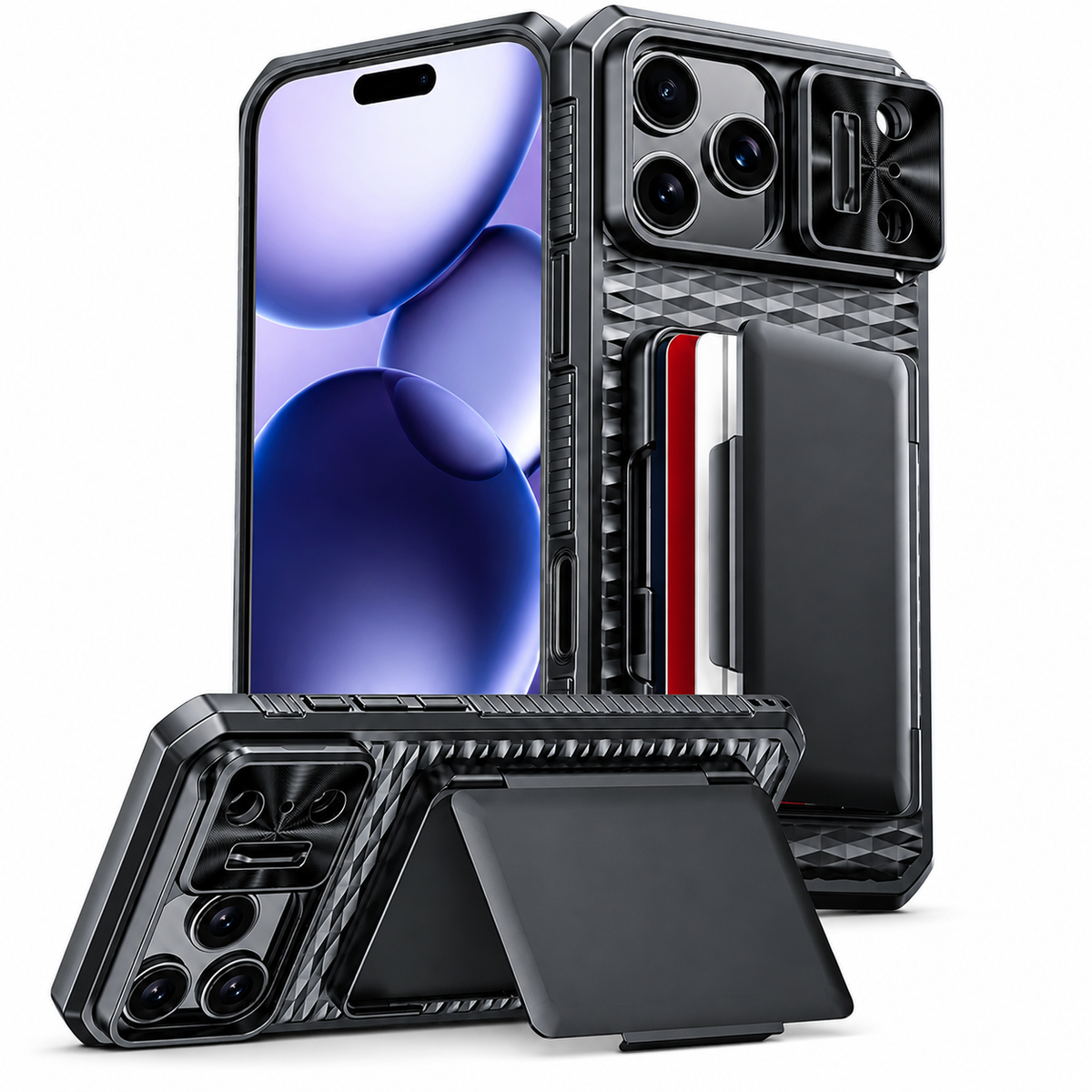 Premium iPhone Case Wallet Card Holder Sliding Camera Cover Stand Shockproof Dual Layer Heavy Duty Full Coverage Slim Protective Durable Design