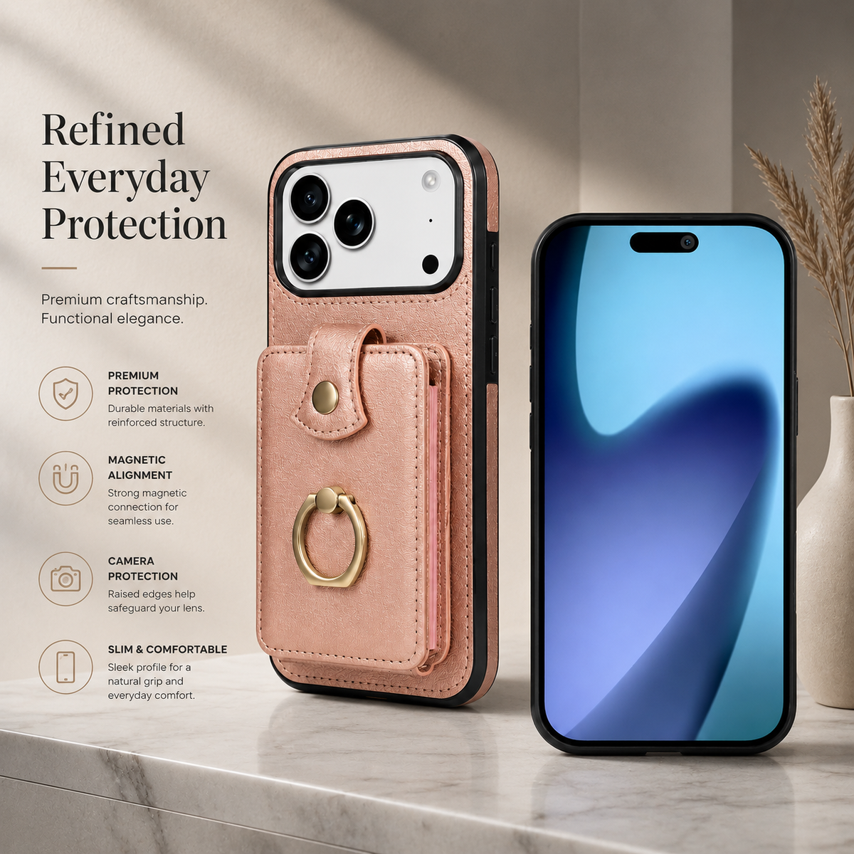Premium iPhone Case Wallet Cover Card Holder 360 Rotating Ring Kickstand RFID Blocking PU Leather Shockproof Full Protection Slim Magnetic Closure Design