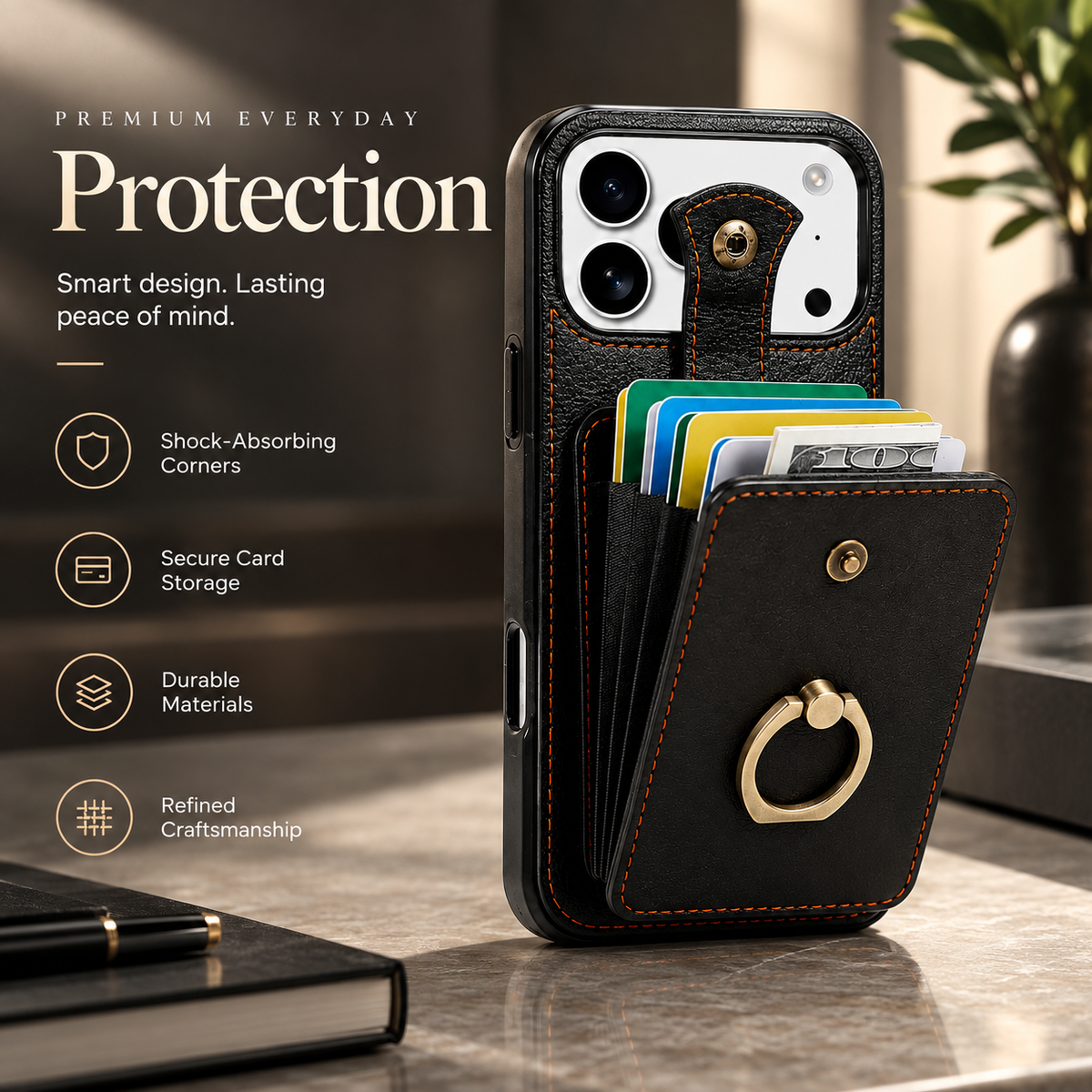 Premium iPhone Case Wallet Cover Card Holder 360 Rotating Ring Kickstand RFID Blocking PU Leather Shockproof Full Protection Slim Magnetic Closure Design