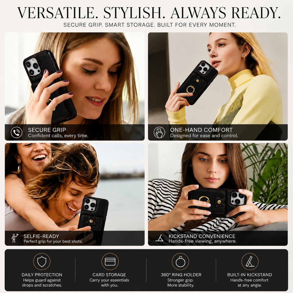 Premium iPhone Case Wallet Cover Card Holder 360 Rotating Ring Kickstand RFID Blocking PU Leather Shockproof Full Protection Slim Magnetic Closure Design