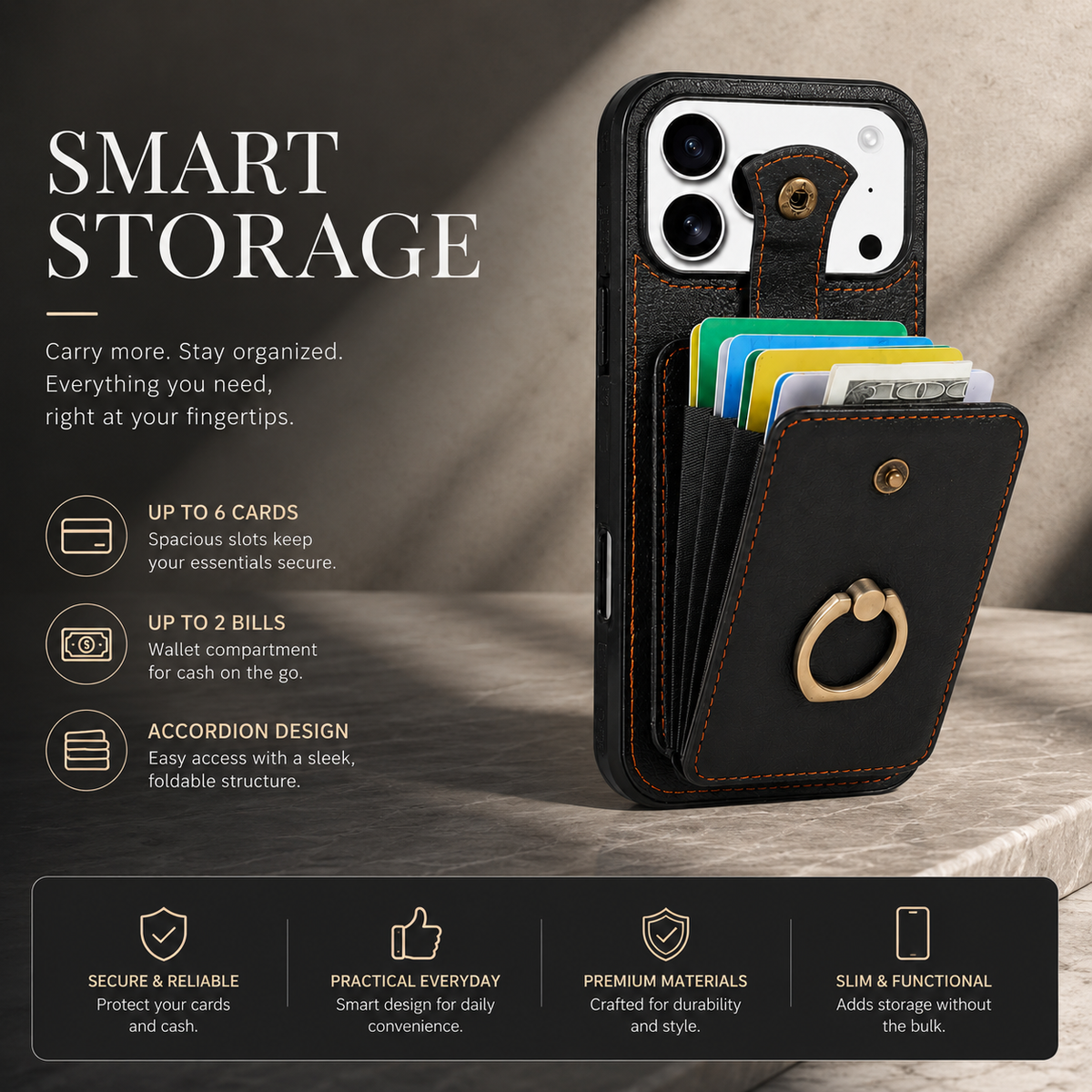 Premium iPhone Case Wallet Cover Card Holder 360 Rotating Ring Kickstand RFID Blocking PU Leather Shockproof Full Protection Slim Magnetic Closure Design
