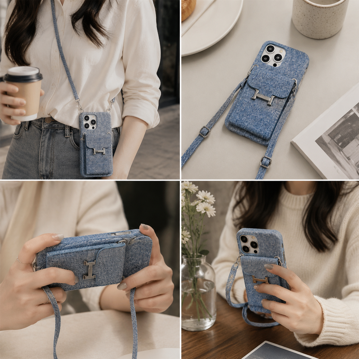 Premium iPhone Case Wallet Crossbody Flip Cover PU Leather Card Pocket Shoulder Strap Magnetic Closure Shockproof RFID Blocking Full Coverage