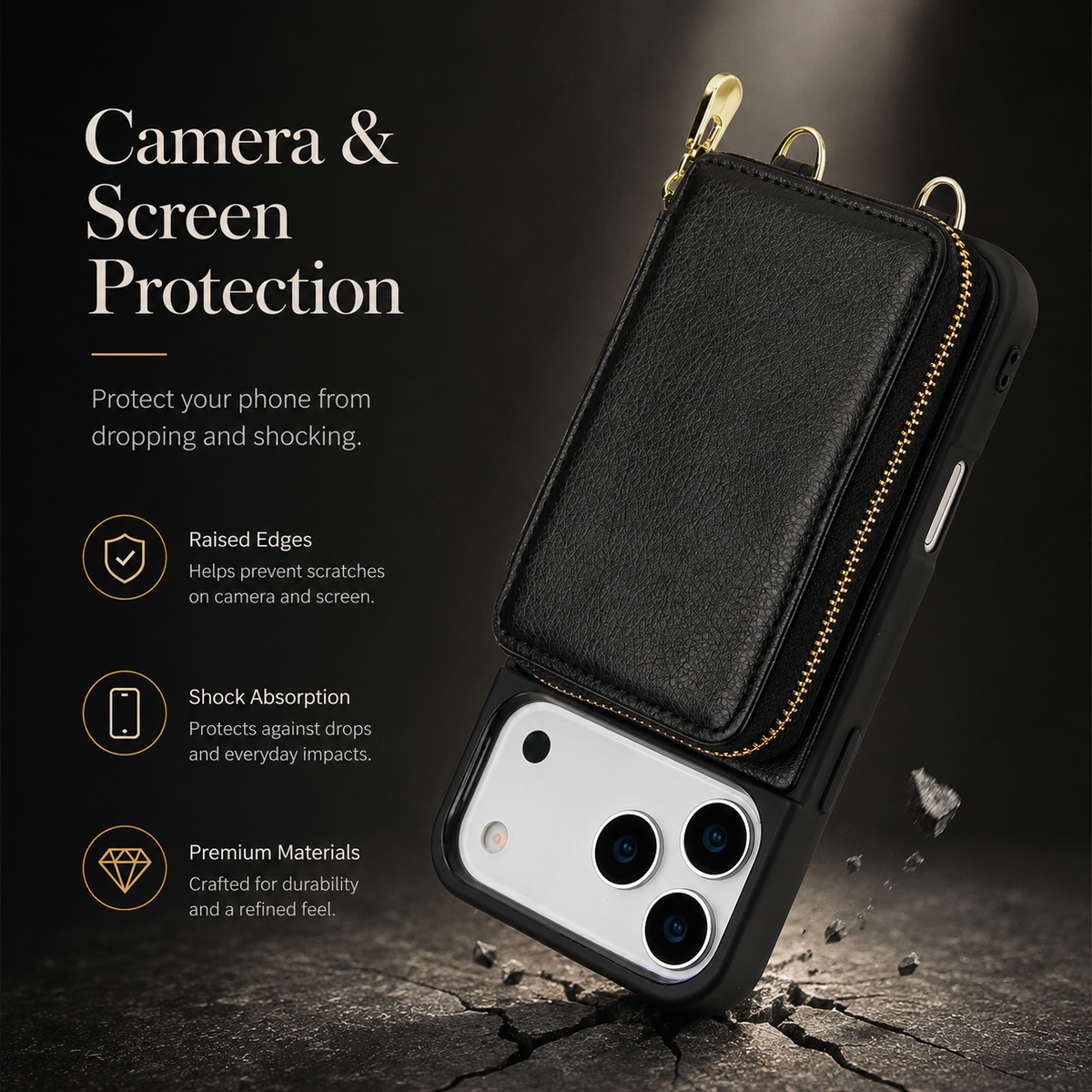 Premium iPhone Case Wallet Crossbody Leather Flip Cover Zipper Card Holder RFID Pocket Shoulder Strap Shockproof Full Coverage Protective Phone Case
