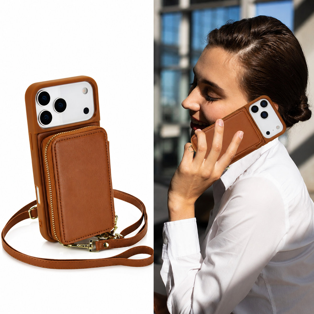 Premium iPhone Case Wallet Crossbody Leather Flip Cover Zipper Card Holder RFID Pocket Shoulder Strap Shockproof Full Coverage Protective Phone Case