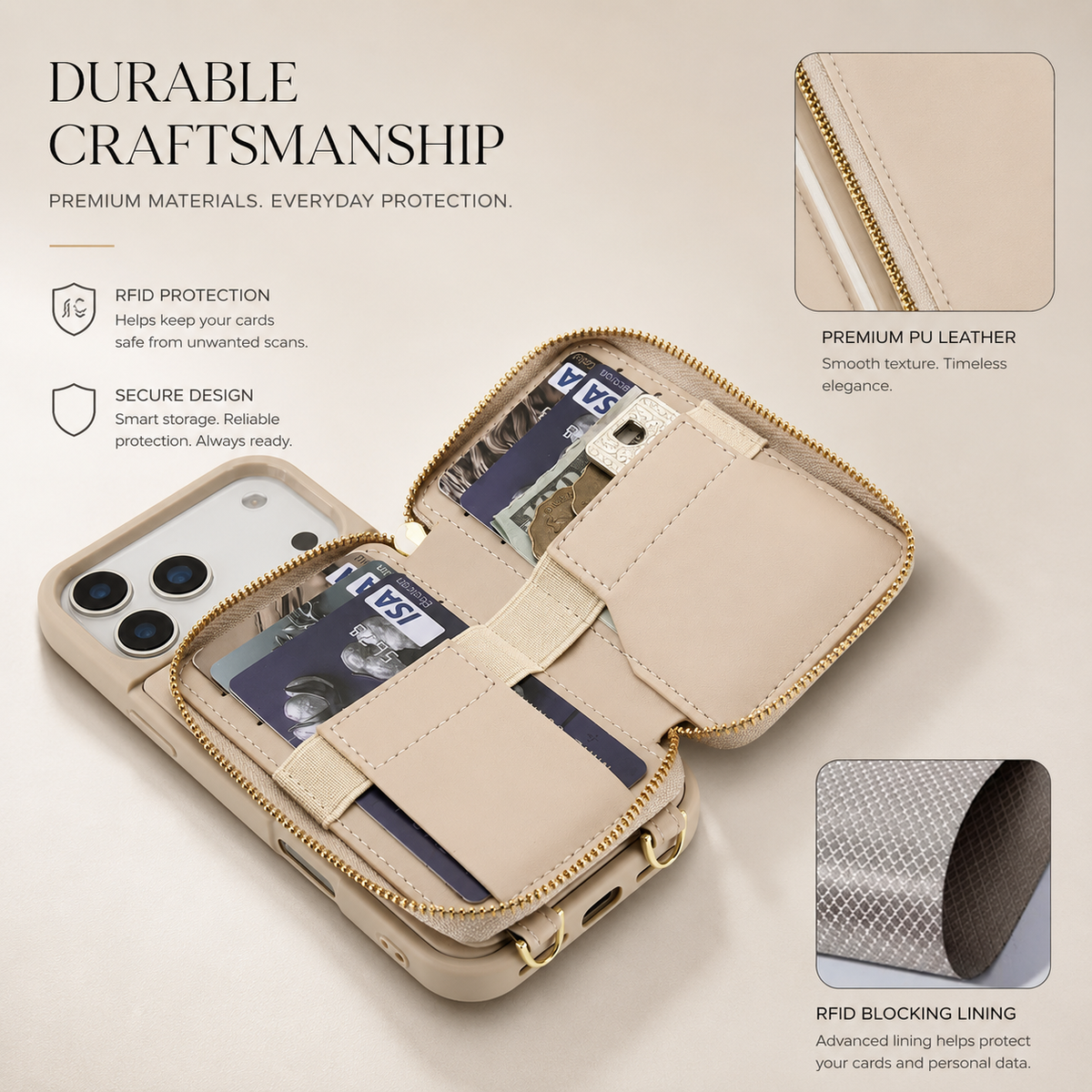 Premium iPhone Case Wallet Crossbody Leather Flip Cover Zipper Card Holder RFID Pocket Shoulder Strap Shockproof Full Coverage Protective Phone Case