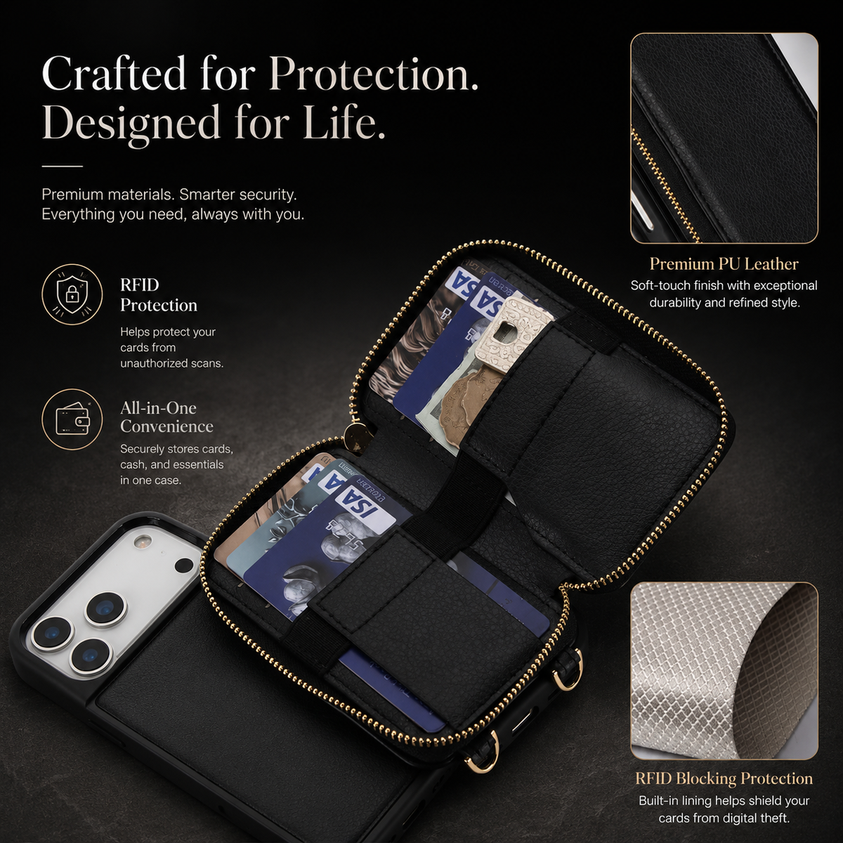 Premium iPhone Case Wallet Crossbody Leather Flip Cover Zipper Card Holder RFID Pocket Shoulder Strap Shockproof Full Coverage Protective Phone Case