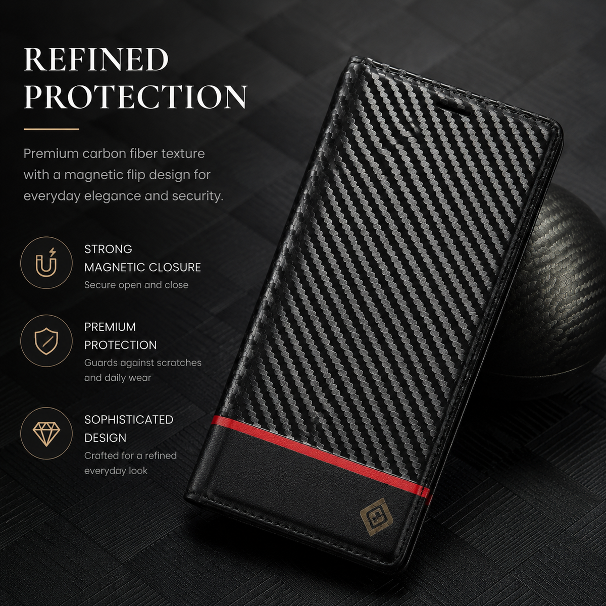 Premium iPhone Case Wallet MagSafe Compatible Carbon Fiber Leather Flip Cover Shockproof Card Holder Stand Camera Lens Protection Slim Magnetic Design