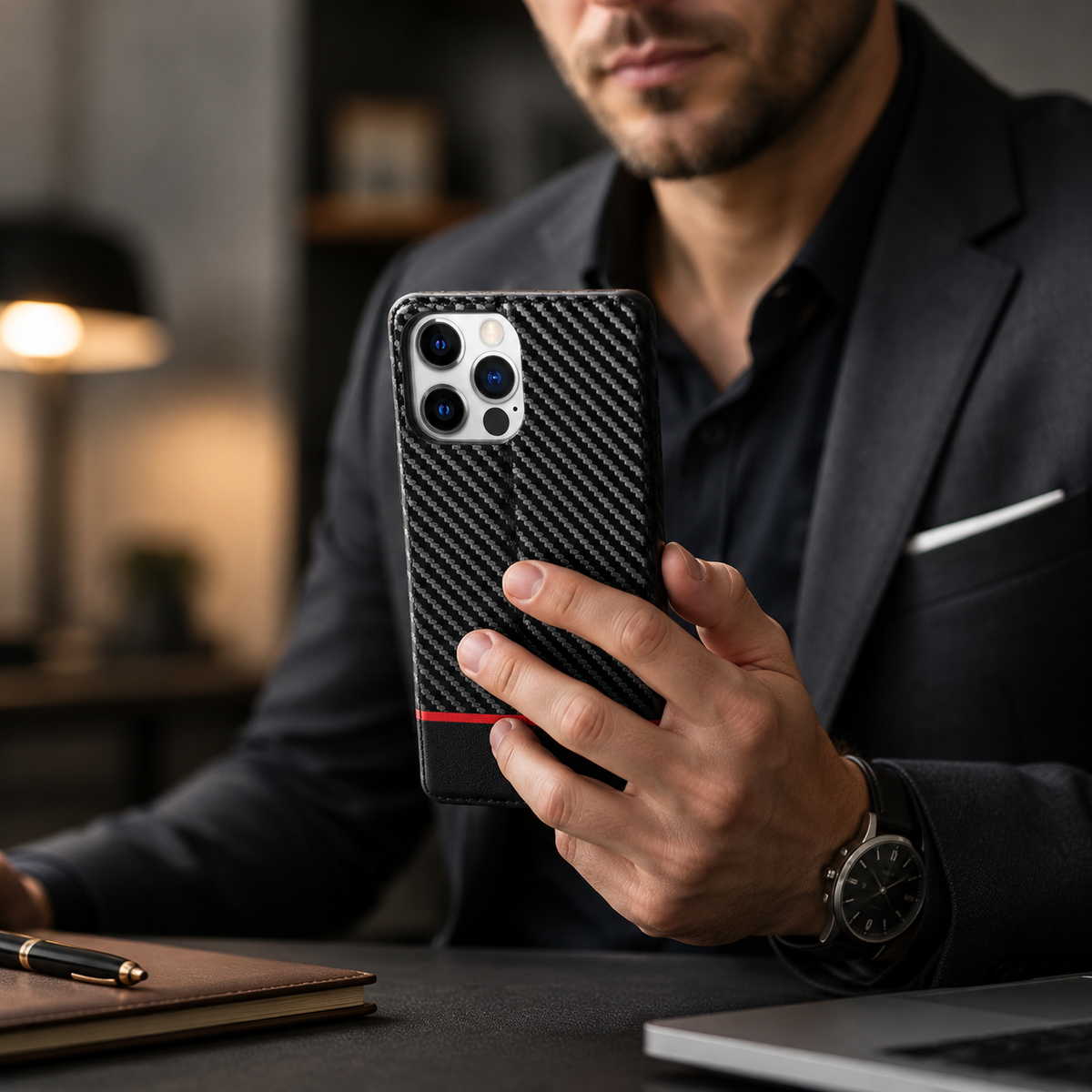Premium iPhone Case Wallet MagSafe Compatible Carbon Fiber Leather Flip Cover Shockproof Card Holder Stand Camera Lens Protection Slim Magnetic Design