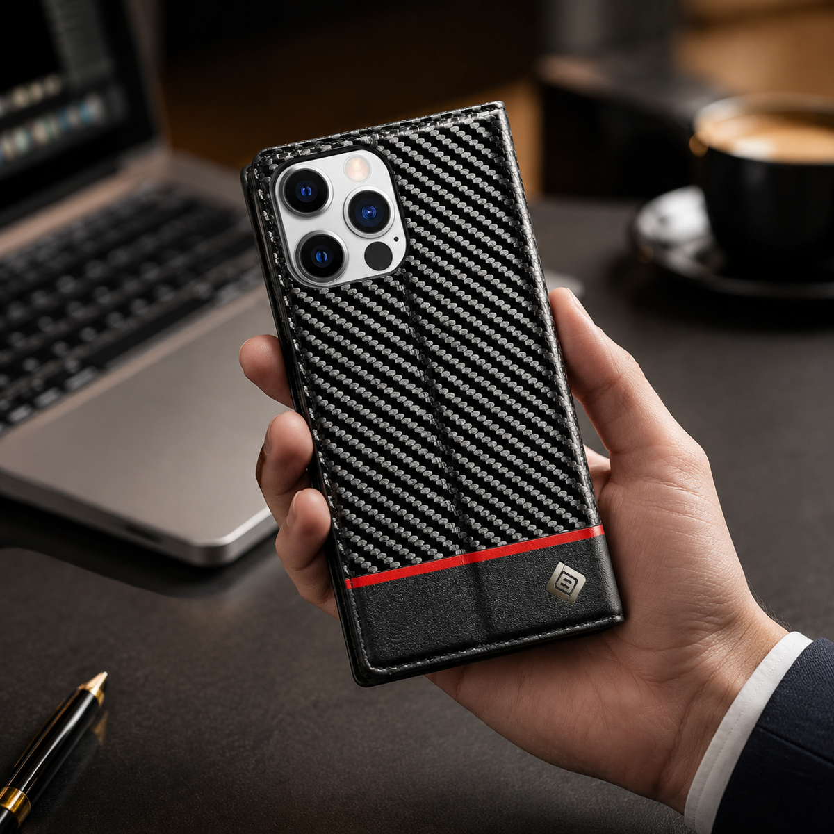 Premium iPhone Case Wallet MagSafe Compatible Carbon Fiber Leather Flip Cover Shockproof Card Holder Stand Camera Lens Protection Slim Magnetic Design