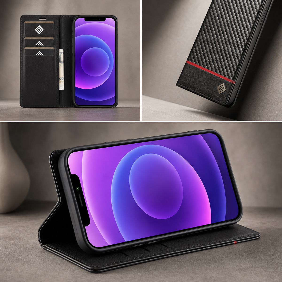 Premium iPhone Case Wallet MagSafe Compatible Carbon Fiber Leather Flip Cover Shockproof Card Holder Stand Camera Lens Protection Slim Magnetic Design