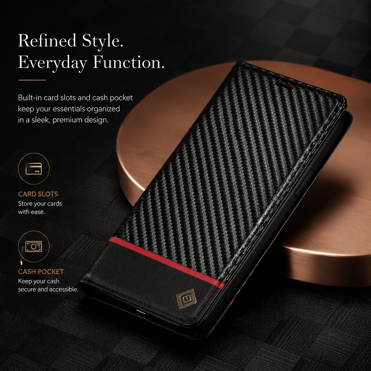 Premium iPhone Case Wallet MagSafe Compatible Carbon Fiber Leather Flip Cover Shockproof Card Holder Stand Camera Lens Protection Slim Magnetic Design