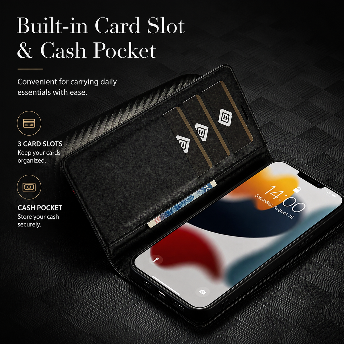 Premium iPhone Case Wallet MagSafe Compatible Carbon Fiber Leather Flip Cover Shockproof Card Holder Stand Camera Lens Protection Slim Magnetic Design