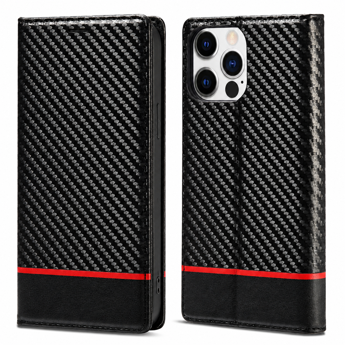 Premium iPhone Case Wallet MagSafe Compatible Carbon Fiber Leather Flip Cover Shockproof Card Holder Stand Camera Lens Protection Slim Magnetic Design