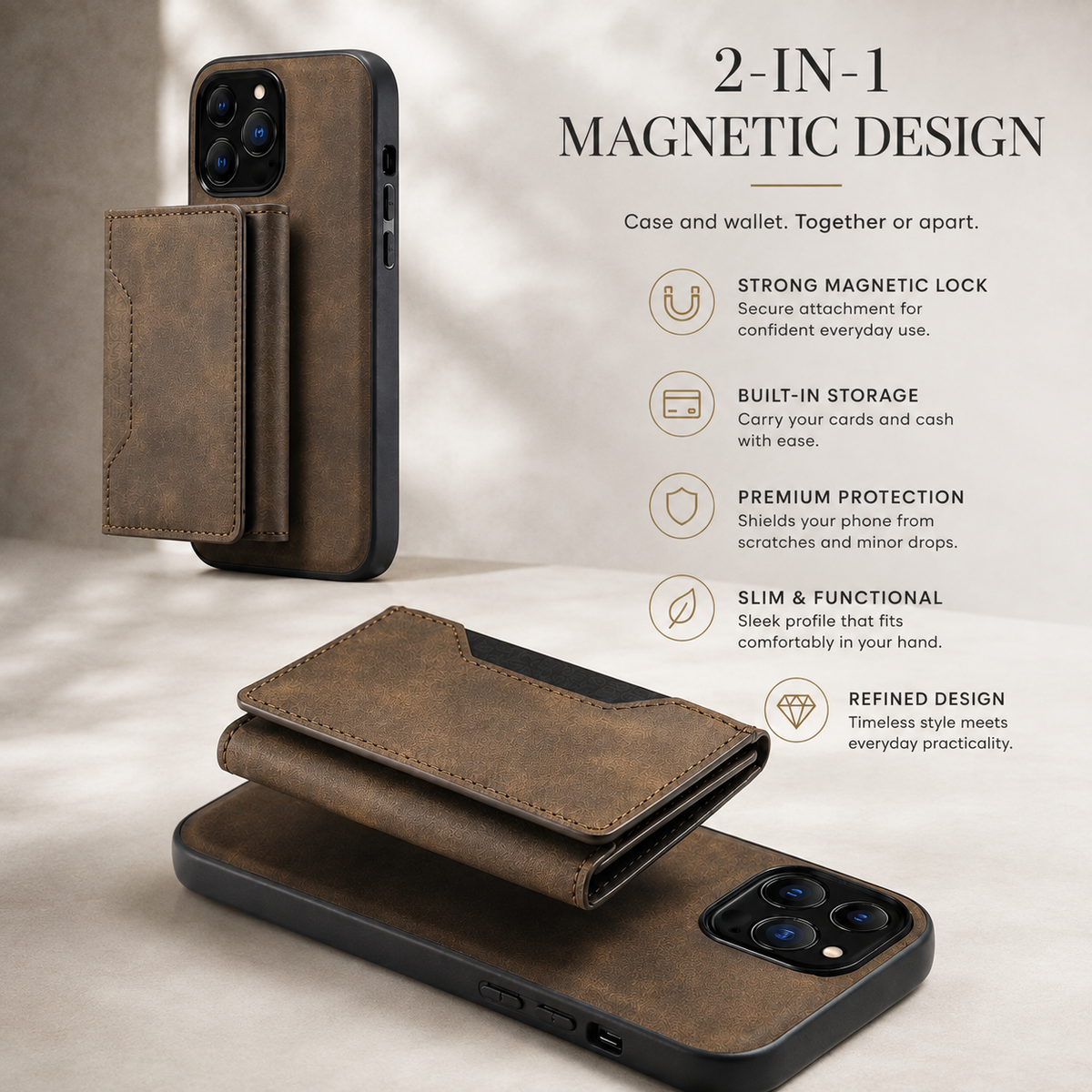 Premium iPhone Case Wallet MagSafe Compatible Detachable Leather Flip Cover Card Holder Shockproof Full Protection Camera Lens Guard Slim Magnetic Stand Design
