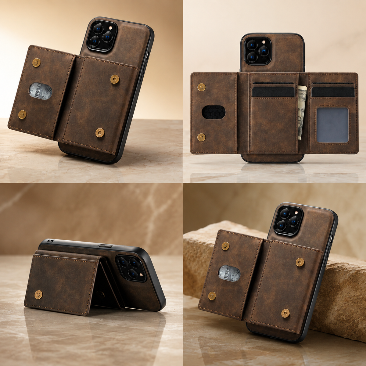 Premium iPhone Case Wallet MagSafe Compatible Detachable Leather Flip Cover Card Holder Shockproof Full Protection Camera Lens Guard Slim Magnetic Stand Design