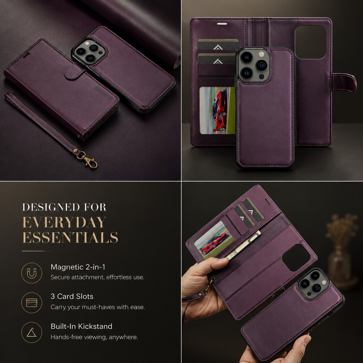 Premium iPhone Case Wallet MagSafe Compatible Detachable Leather Flip Stand Shockproof Protective Cover Card Holder Camera Lens Protection Slim Design Description Title