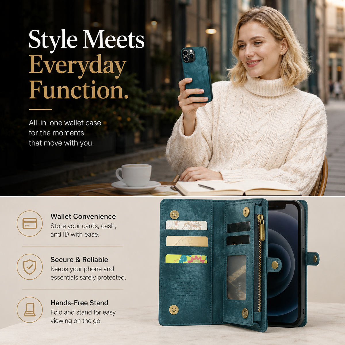 Premium iPhone Case Wallet MagSafe Compatible Detachable Leather Flip Stand Shockproof Protective Cover Card Holder Camera Lens Protection Slim Design Description Title