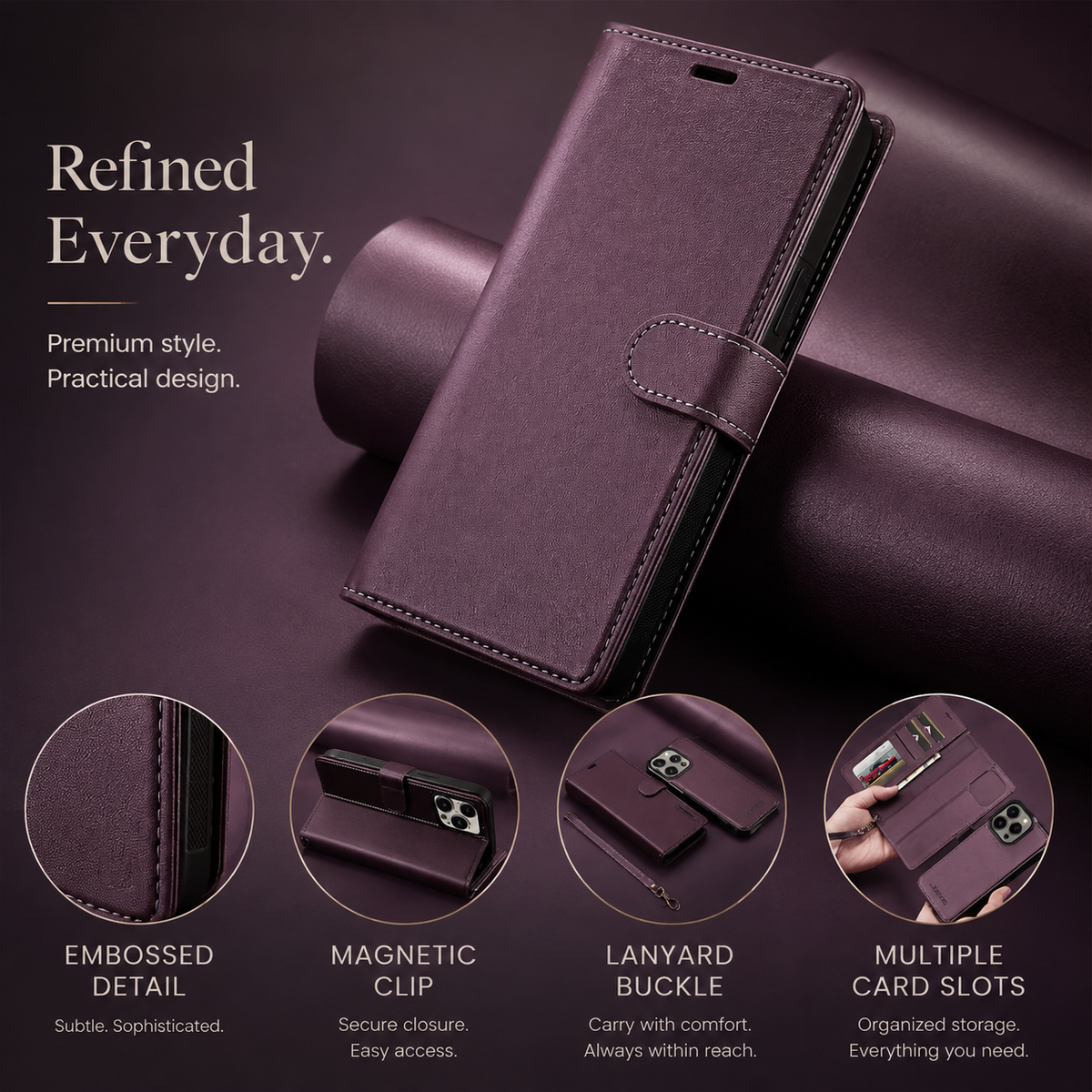 Premium iPhone Case Wallet MagSafe Compatible Detachable Leather Flip Stand Shockproof Protective Cover Card Holder Camera Lens Protection Slim Design Description Title
