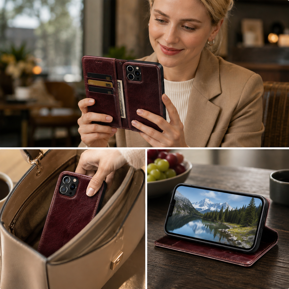 Premium iPhone Case Wallet MagSafe Compatible Detachable Leather Flip Stand Shockproof Protective Cover Card Holder Camera Lens Protection Slim Design Description Title