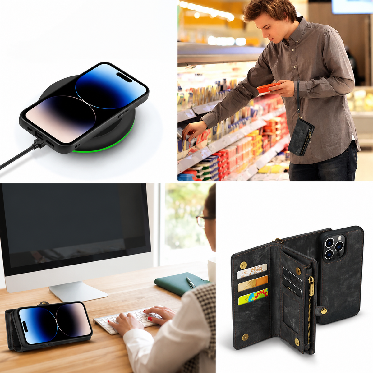 Premium iPhone Case Wallet MagSafe Compatible Detachable Leather Flip Stand Shockproof Protective Cover Card Holder Camera Lens Protection Slim Design Description Title