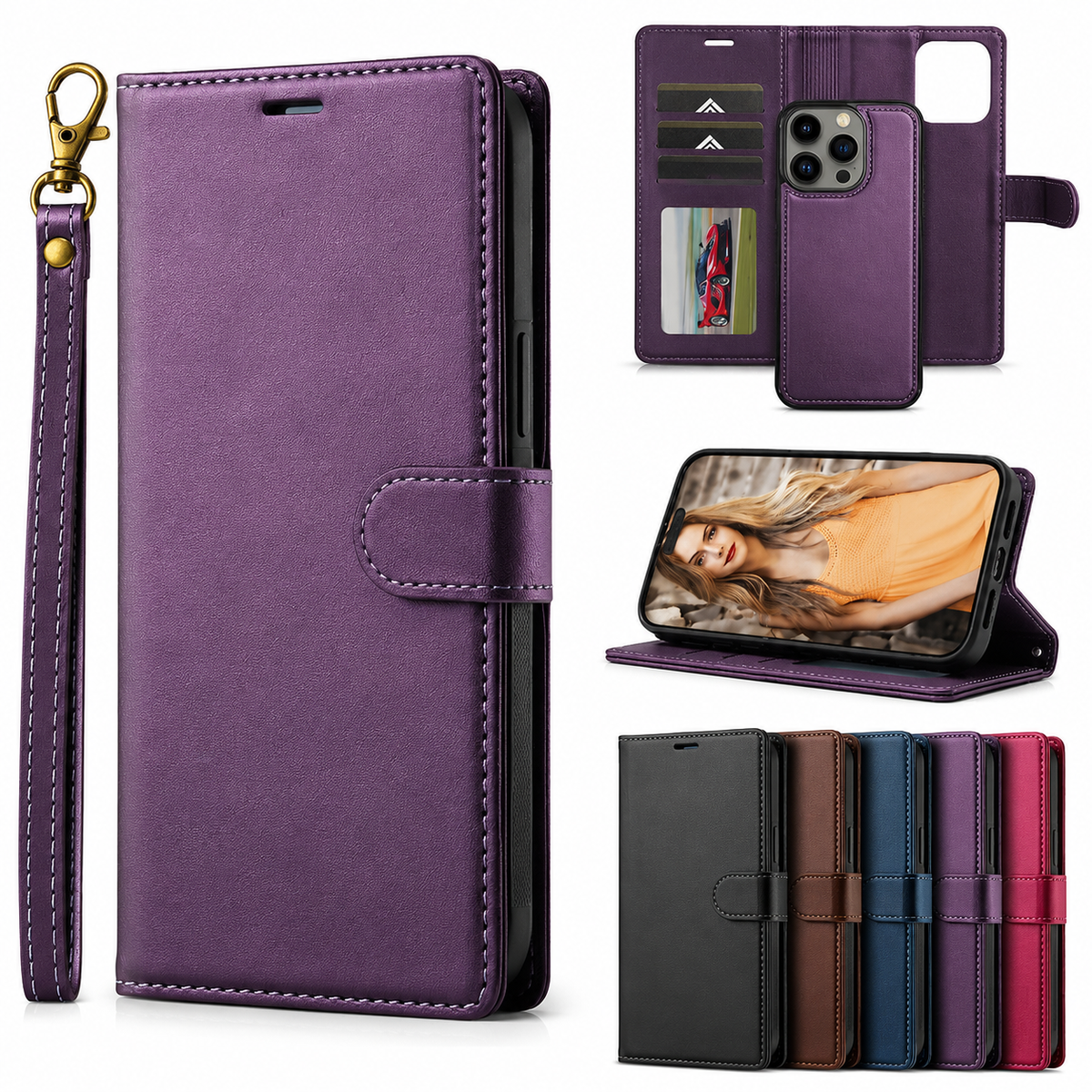 Premium iPhone Case Wallet MagSafe Compatible Detachable Leather Flip Stand Shockproof Protective Cover Card Holder Camera Lens Protection Slim Design Description Title