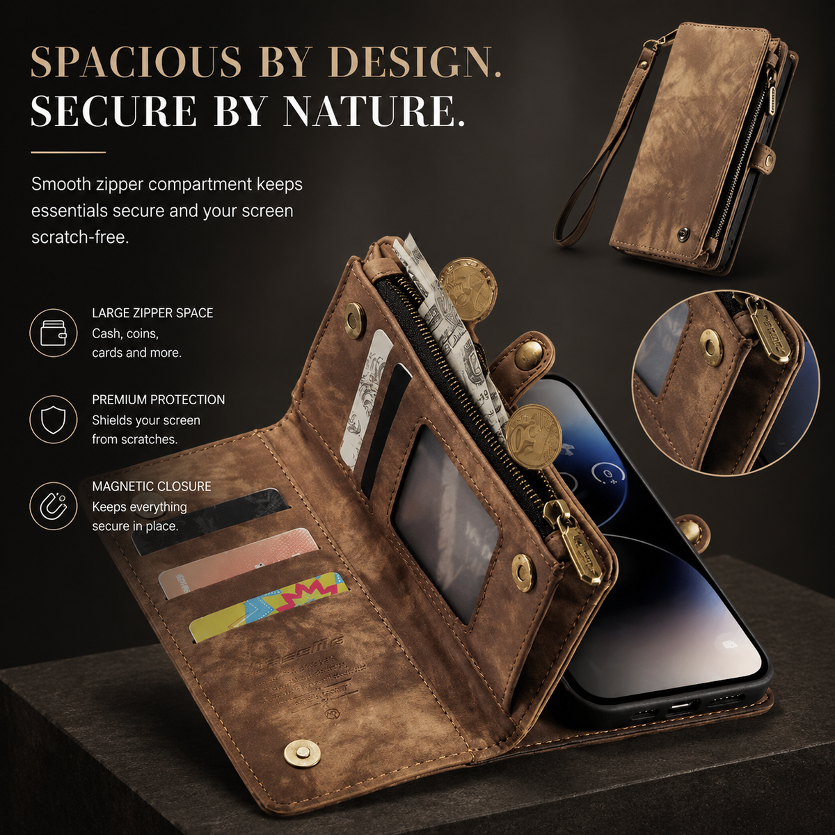 Premium iPhone Case Wallet MagSafe Compatible Detachable Leather Flip Stand Shockproof Protective Cover Card Holder Camera Lens Protection Slim Design Description Title
