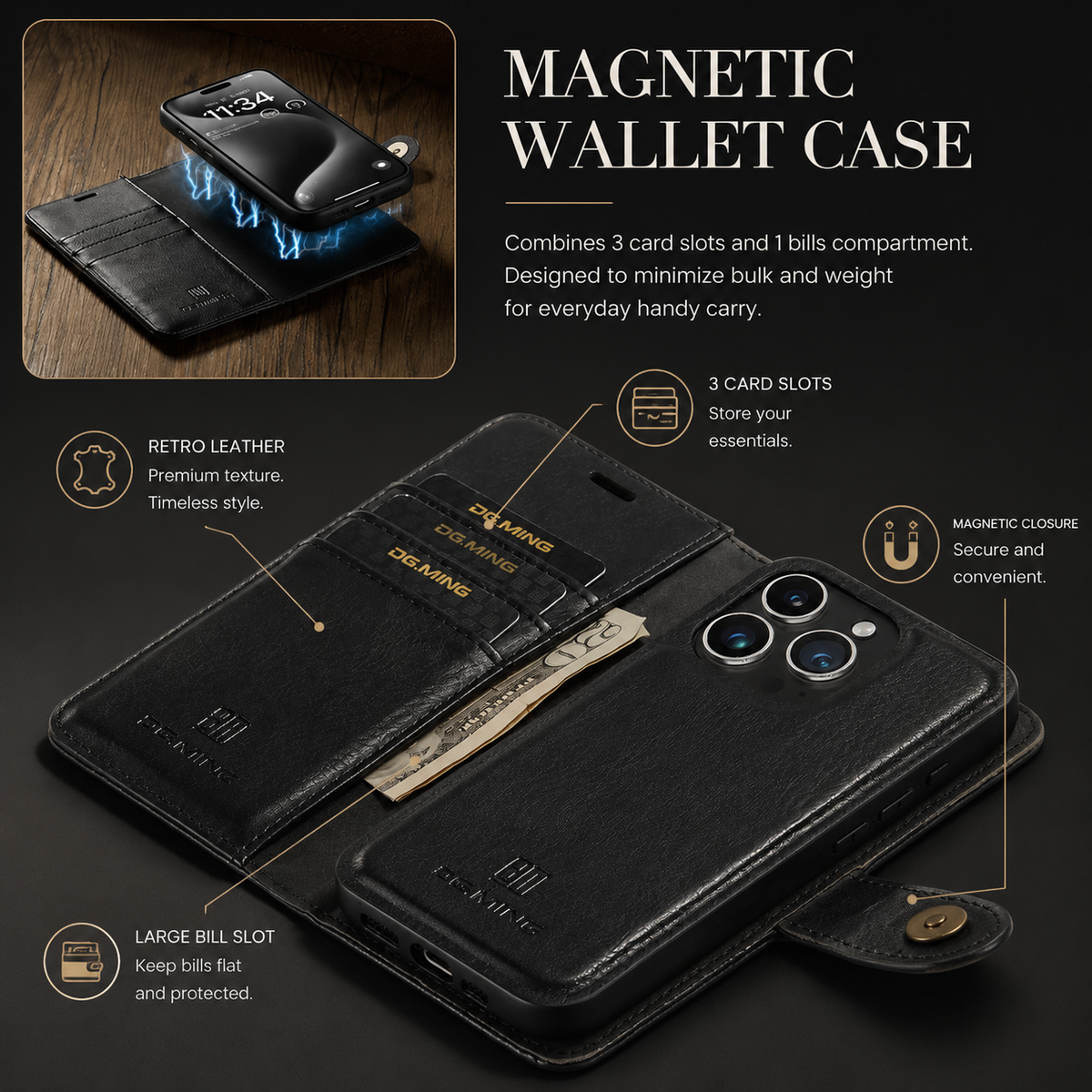 Premium iPhone Case Wallet MagSafe Compatible Detachable Magnetic Leather Shockproof Protective Cover Card Holder Camera Lens Protection Slim Design