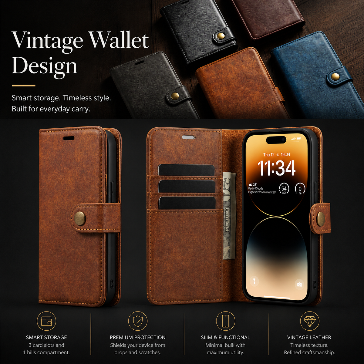 Premium iPhone Case Wallet MagSafe Compatible Detachable Magnetic Leather Shockproof Protective Cover Card Holder Camera Lens Protection Slim Design