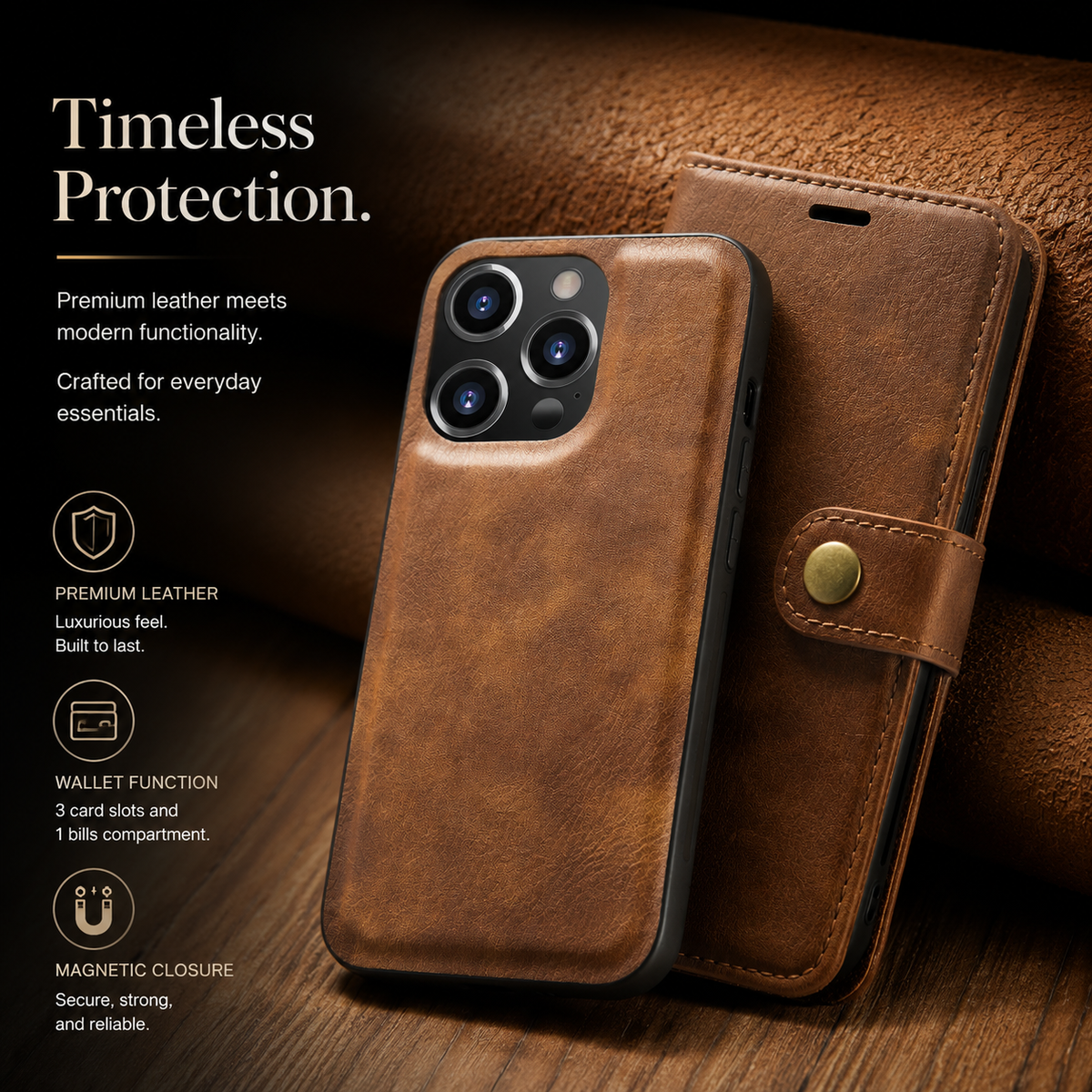 Premium iPhone Case Wallet MagSafe Compatible Detachable Magnetic Leather Shockproof Protective Cover Card Holder Camera Lens Protection Slim Design