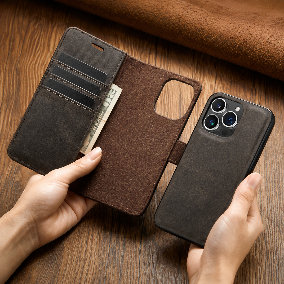 Premium iPhone Case Wallet MagSafe Compatible Detachable Magnetic Leather Shockproof Protective Cover Card Holder Camera Lens Protection Slim Design