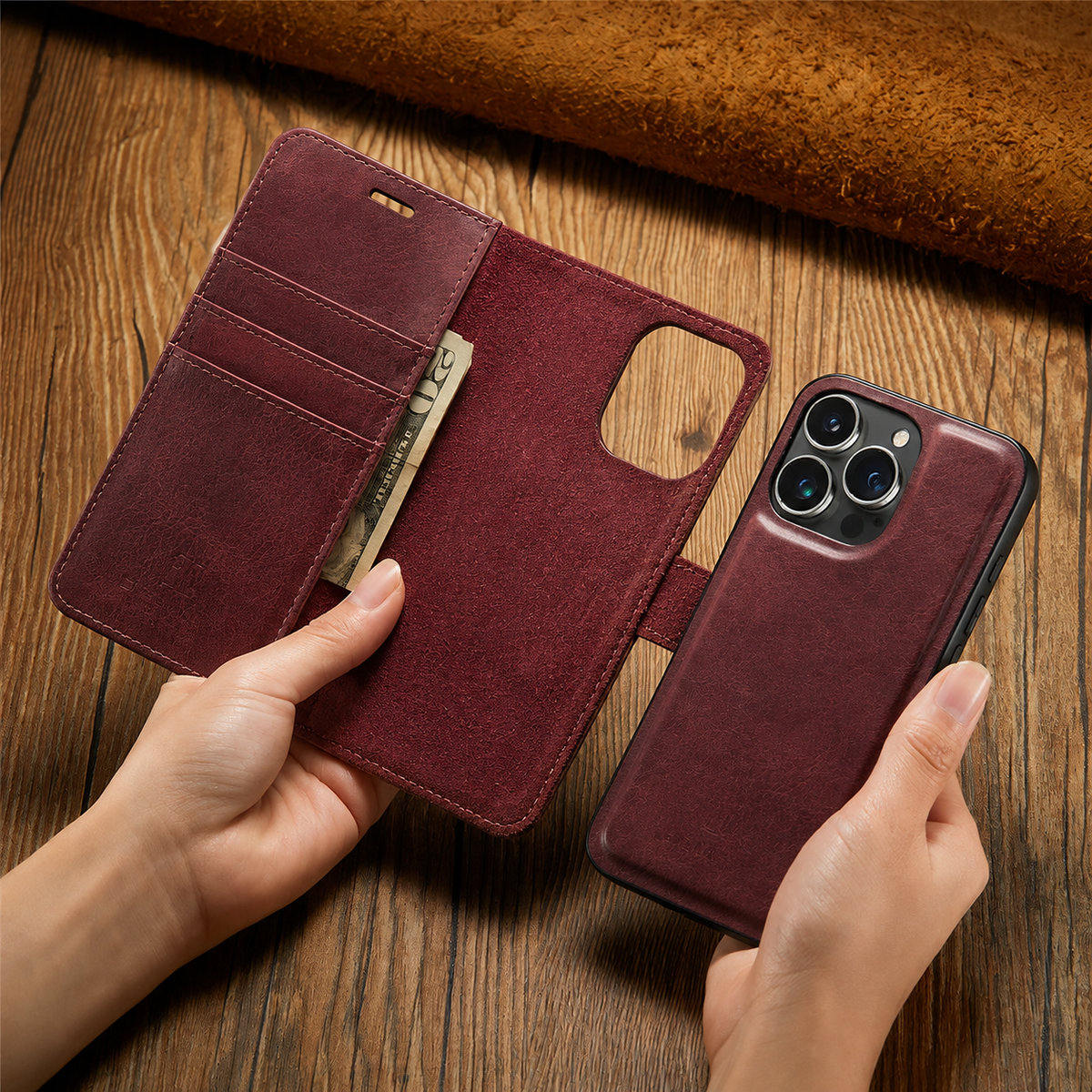 Premium iPhone Case Wallet MagSafe Compatible Detachable Magnetic Leather Shockproof Protective Cover Card Holder Camera Lens Protection Slim Design