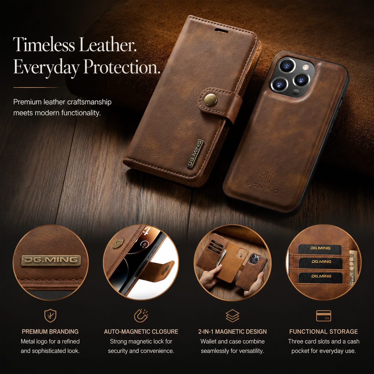 Premium iPhone Case Wallet MagSafe Compatible Detachable Magnetic Leather Shockproof Protective Cover Card Holder Camera Lens Protection Slim Design