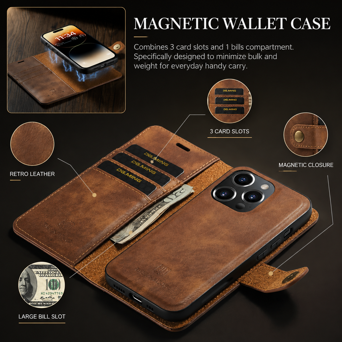 Premium iPhone Case Wallet MagSafe Compatible Detachable Magnetic Leather Shockproof Protective Cover Card Holder Camera Lens Protection Slim Design