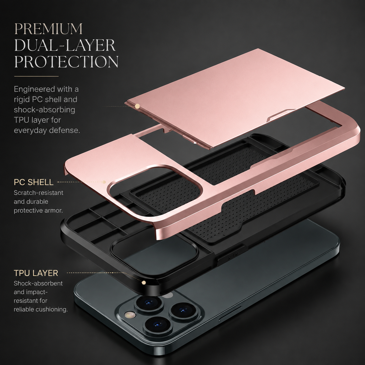 Premium iPhone Case Wallet MagSafe Compatible Dual Layer Slider Card Holder Shockproof Protective Cover Camera Lens Protection Slim Magnetic Design