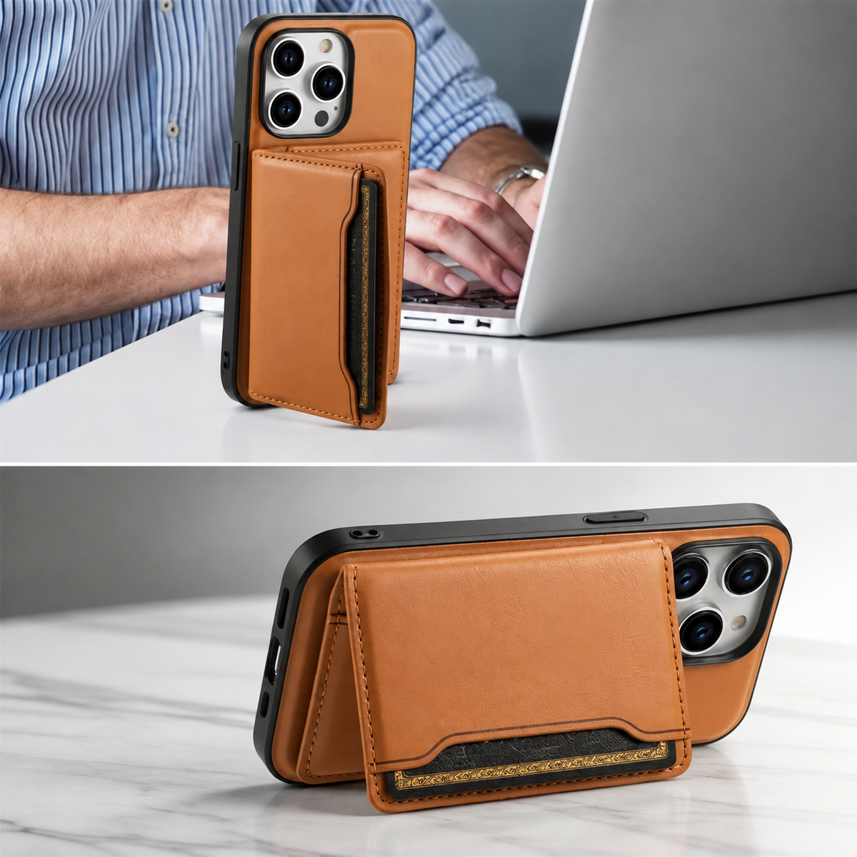Premium iPhone Case Wallet MagSafe Compatible Leather Card Holder Shockproof Protective Cover Camera Lens Protection Slim Magnetic Stand Design