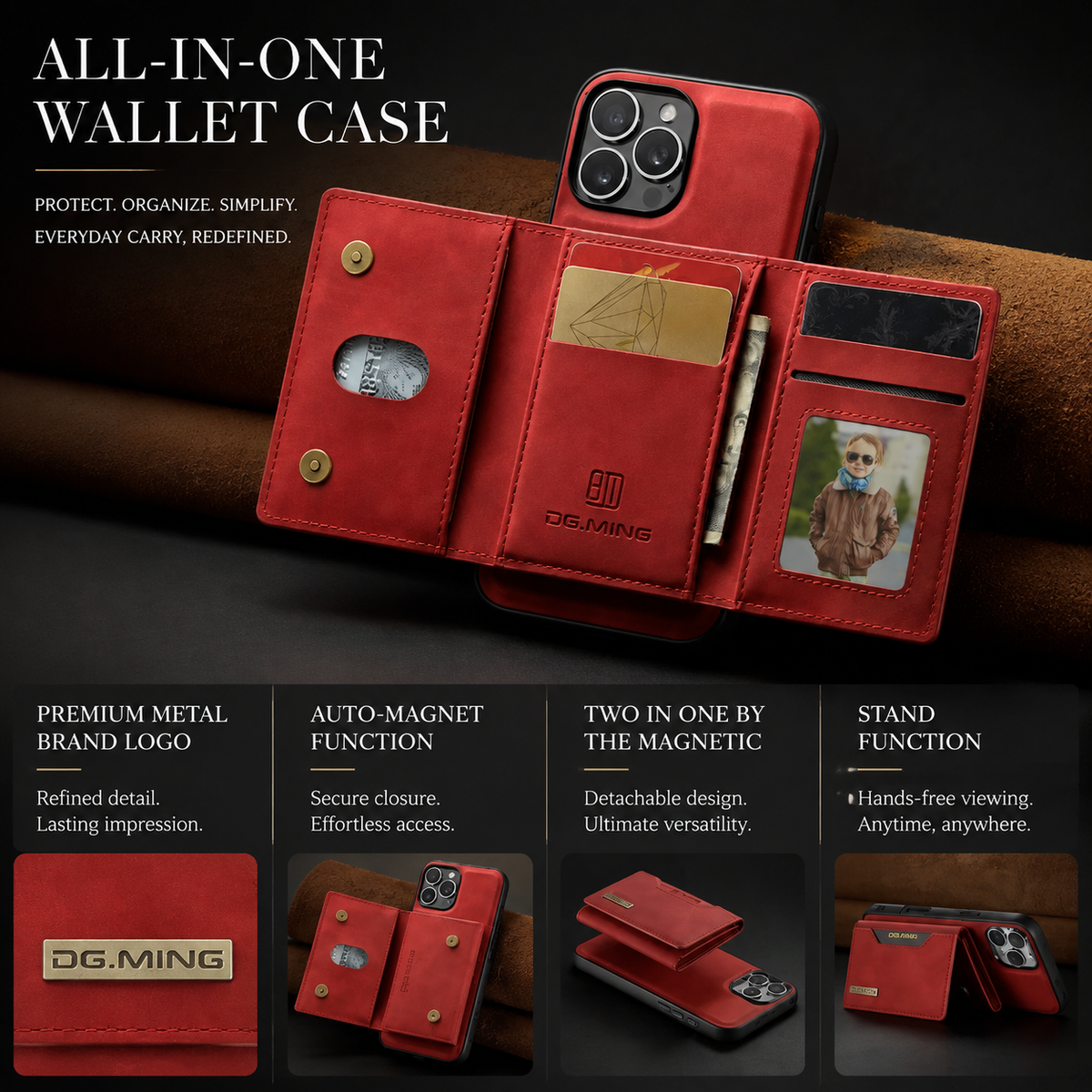 Premium iPhone Case Wallet MagSafe Compatible Leather Card Holder Shockproof Protective Cover Camera Lens Protection Slim Magnetic Stand Design