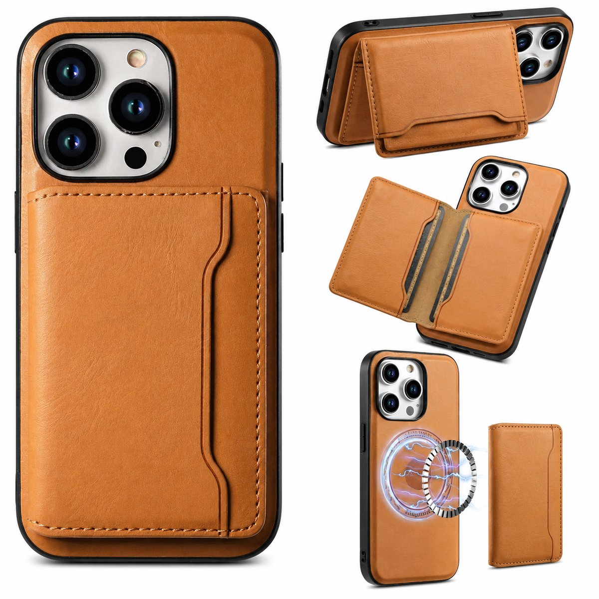 Premium iPhone Case Wallet MagSafe Compatible Leather Card Holder Shockproof Protective Cover Camera Lens Protection Slim Magnetic Stand Design