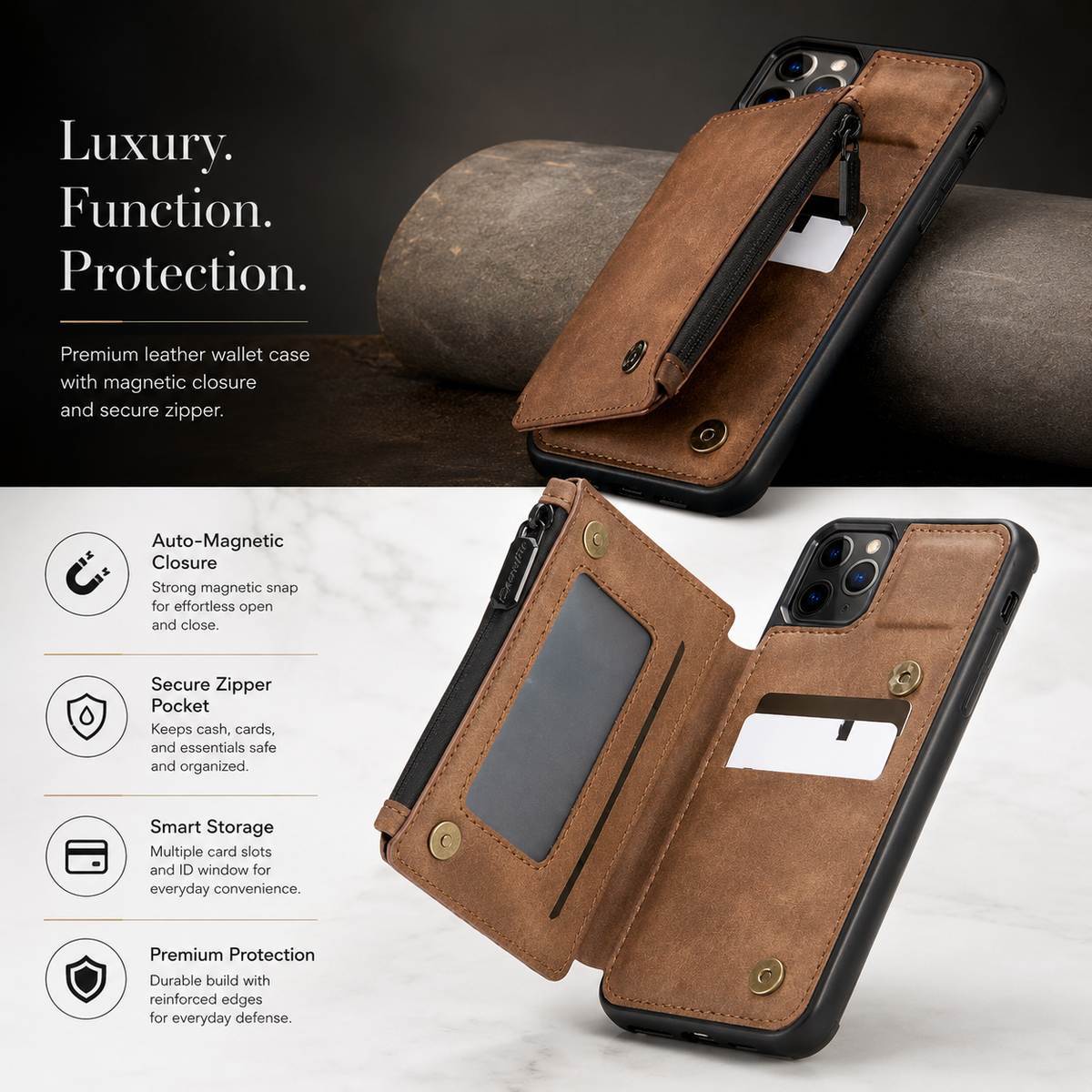 Premium iPhone Case Wallet MagSafe Compatible Leather Card Holder Stand Shockproof Protective Cover Camera Lens Protection Slim Magnetic Design