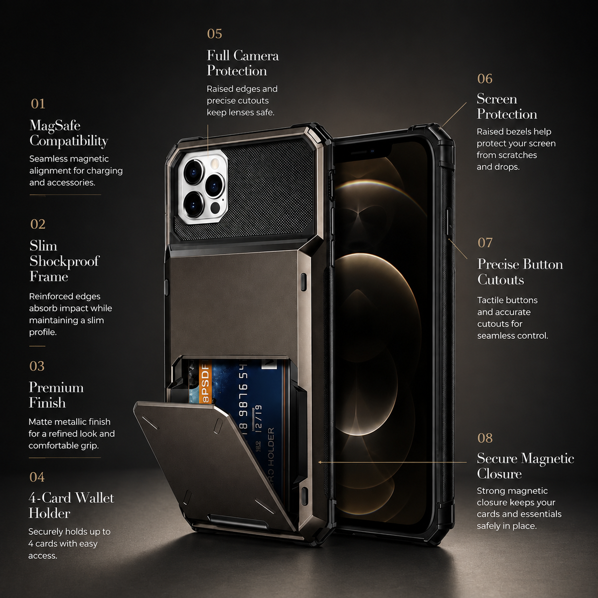 Premium iPhone Case Wallet MagSafe Compatible Magnetic Shockproof Protective Cover 4 Card Holder Camera Lens Protection Slim Leather Stand Design