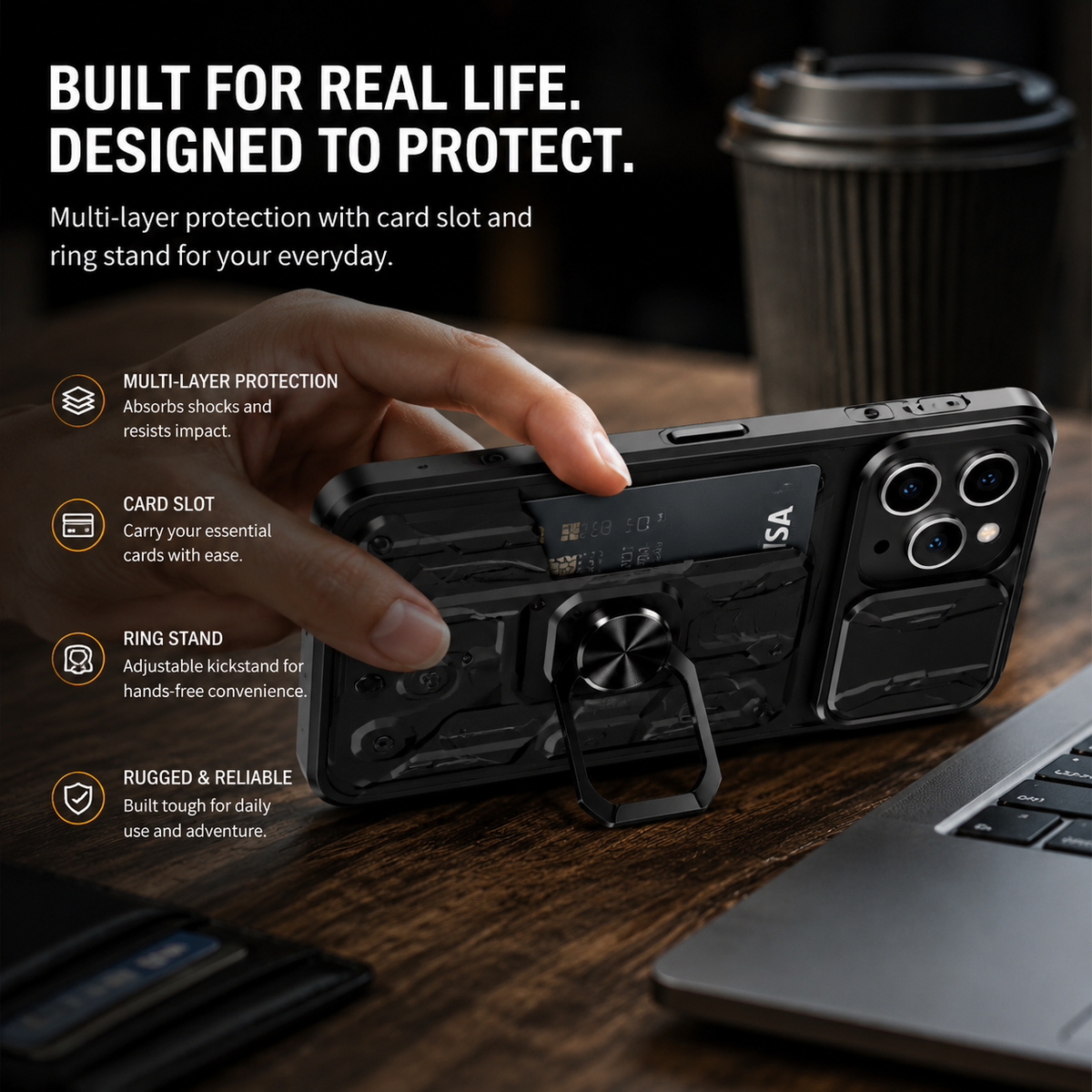 Premium iPhone Case Wallet MagSafe Compatible Silicone Card Holder Ring Stand Shockproof Protective Cover Camera Lens Protection Slim Design