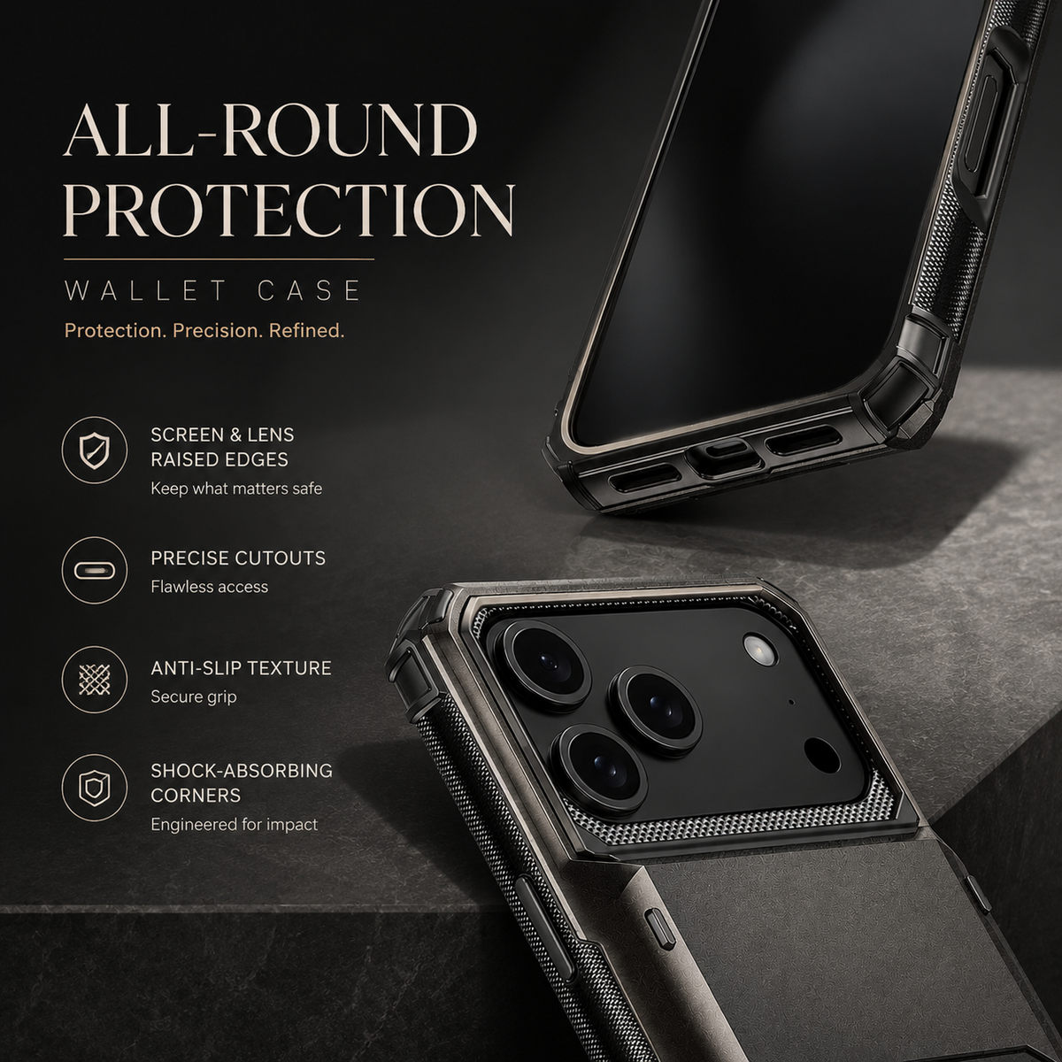 Premium iPhone Case Wallet MagSafe Compatible Slide Card Holder Armor Cover Shockproof Protection Camera Lens Guard Slim Magnetic Kickstand Durable Design