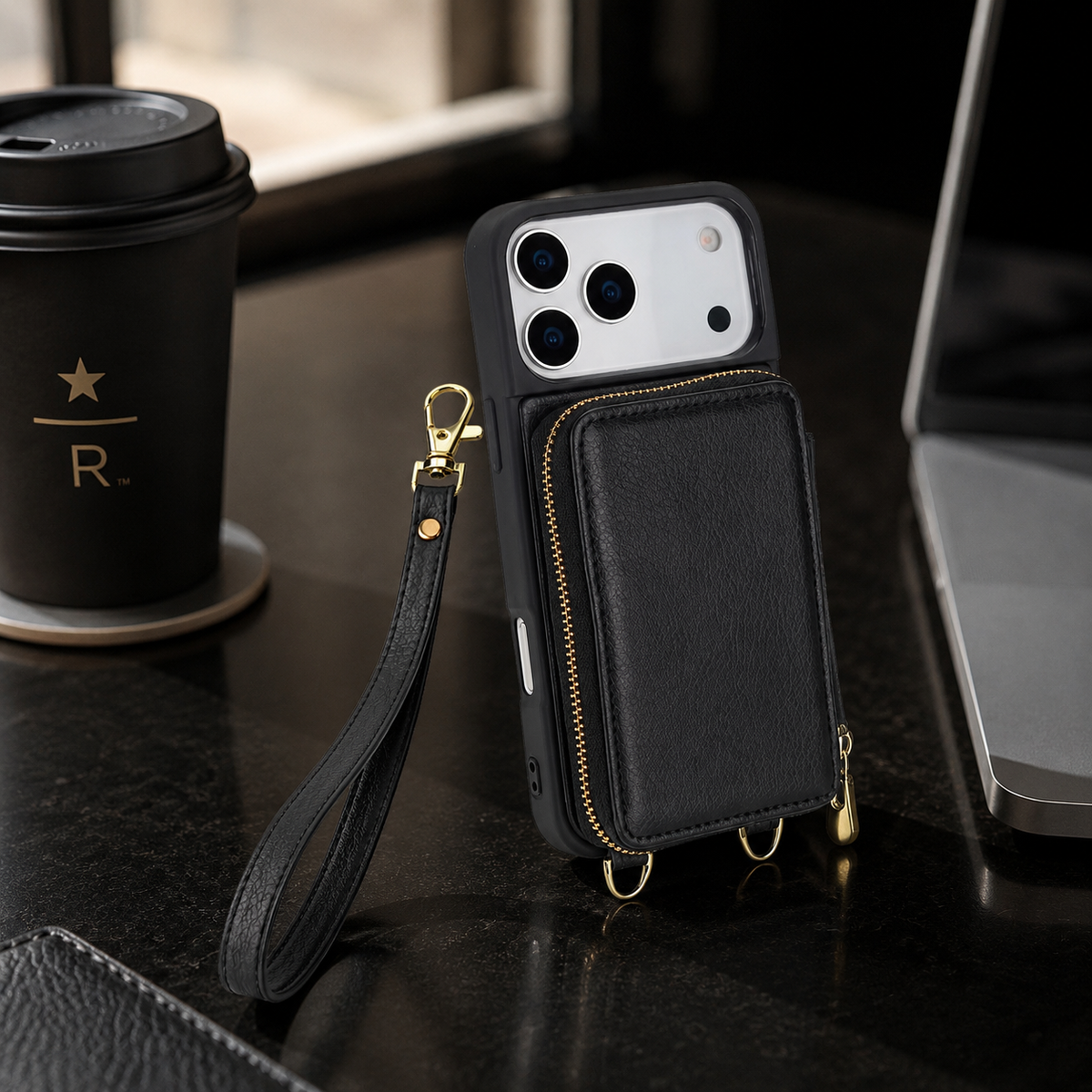Premium iPhone Case Zipper Leather Wallet Card Holder Long Lanyard Shockproof PU Leather Storage Anti Scratch Non Slip Protective Cover Case