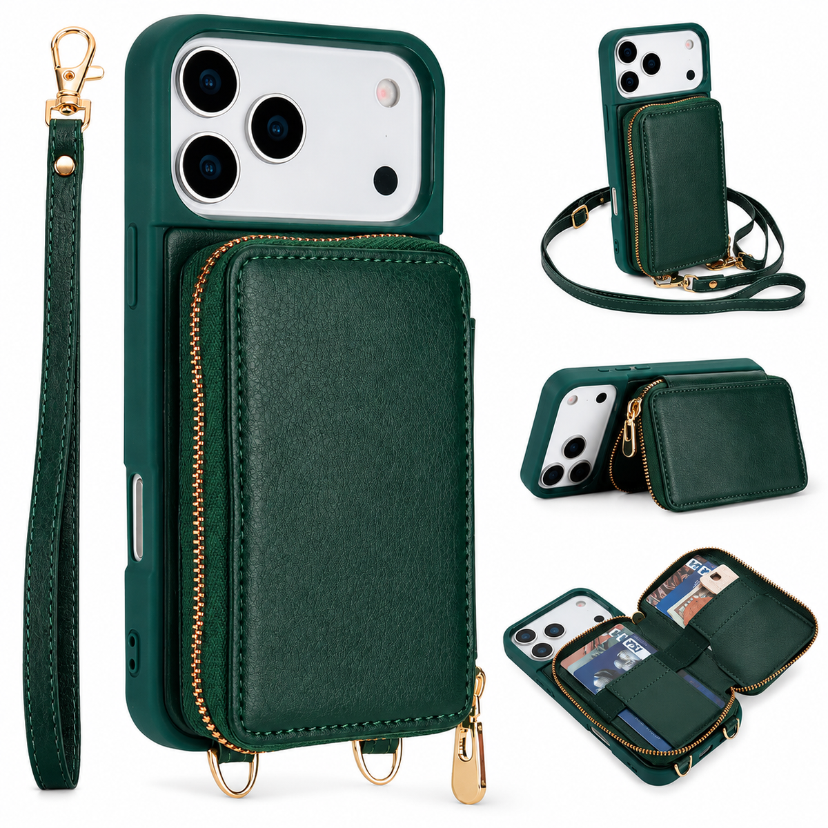 Premium iPhone Case Zipper Leather Wallet Card Holder Long Lanyard Shockproof PU Leather Storage Anti Scratch Non Slip Protective Cover Case