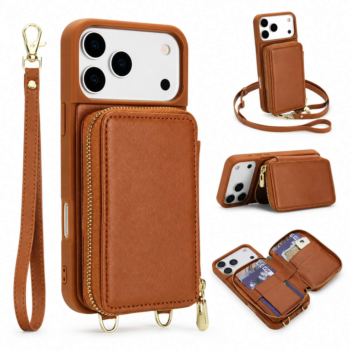 Premium iPhone Case Zipper Leather Wallet Card Holder Long Lanyard Shockproof PU Leather Storage Anti Scratch Non Slip Protective Cover Case
