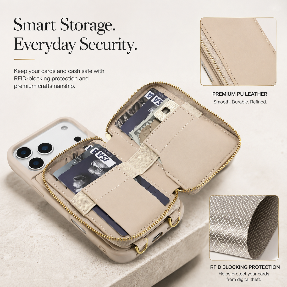 Premium iPhone Case Zipper Leather Wallet Card Holder Long Lanyard Shockproof PU Leather Storage Anti Scratch Non Slip Protective Cover Case
