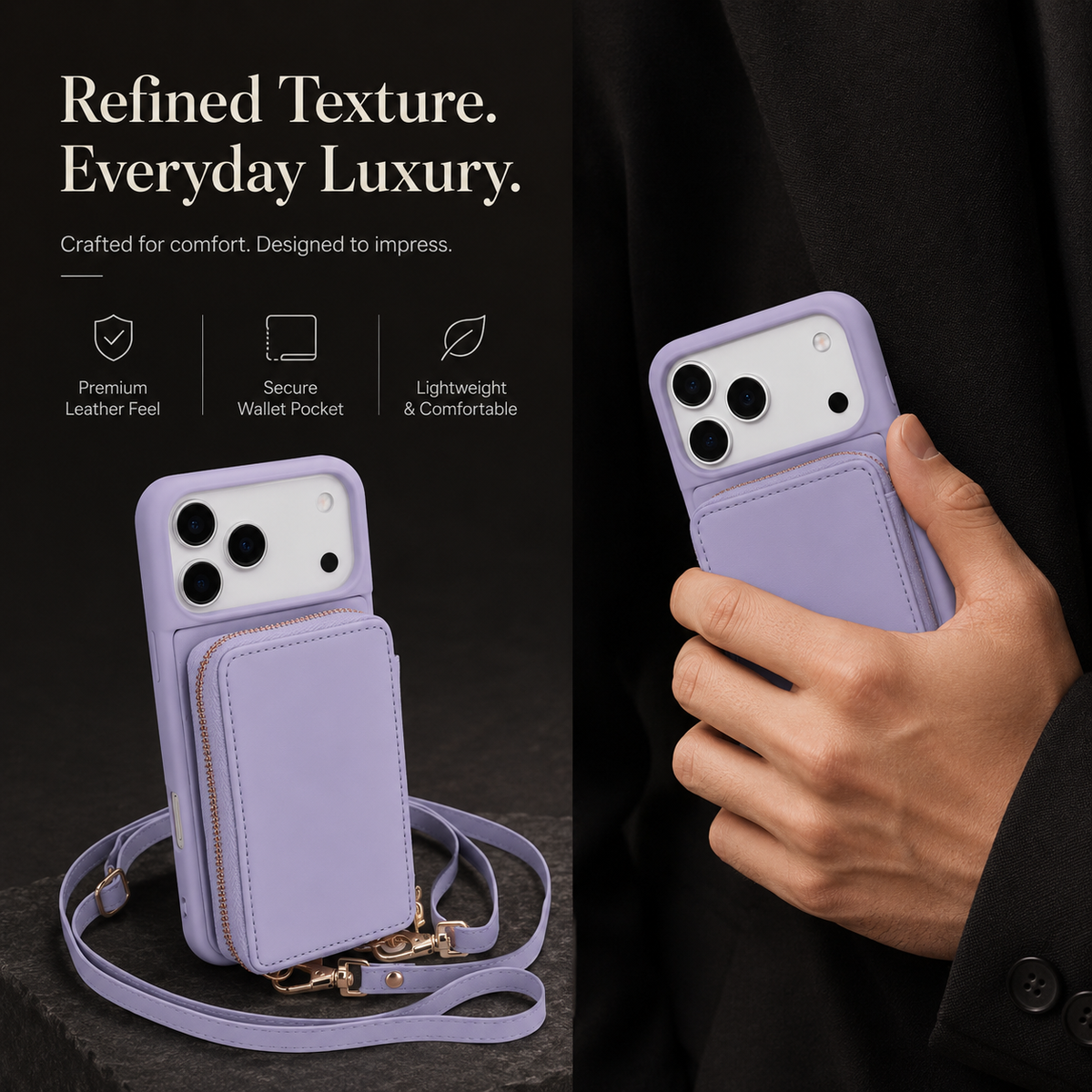 Premium iPhone Case Zipper Leather Wallet Card Holder Long Lanyard Shockproof PU Leather Storage Anti Scratch Non Slip Protective Cover Case