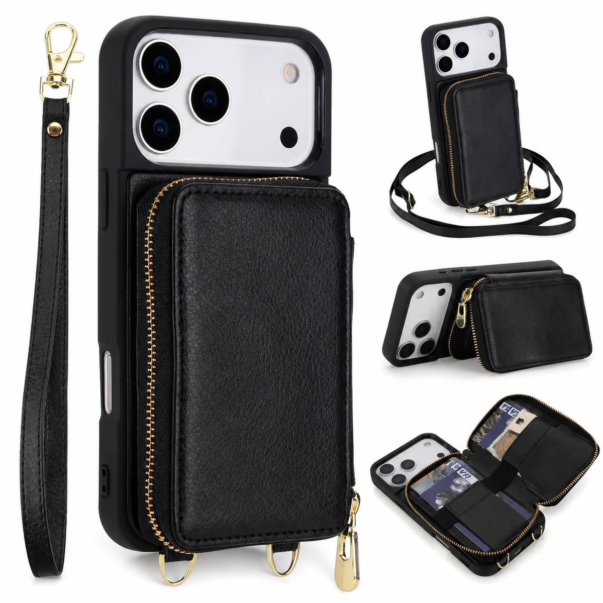 Premium iPhone Case Zipper Leather Wallet Card Holder Long Lanyard Shockproof PU Leather Storage Anti Scratch Non Slip Protective Cover Case