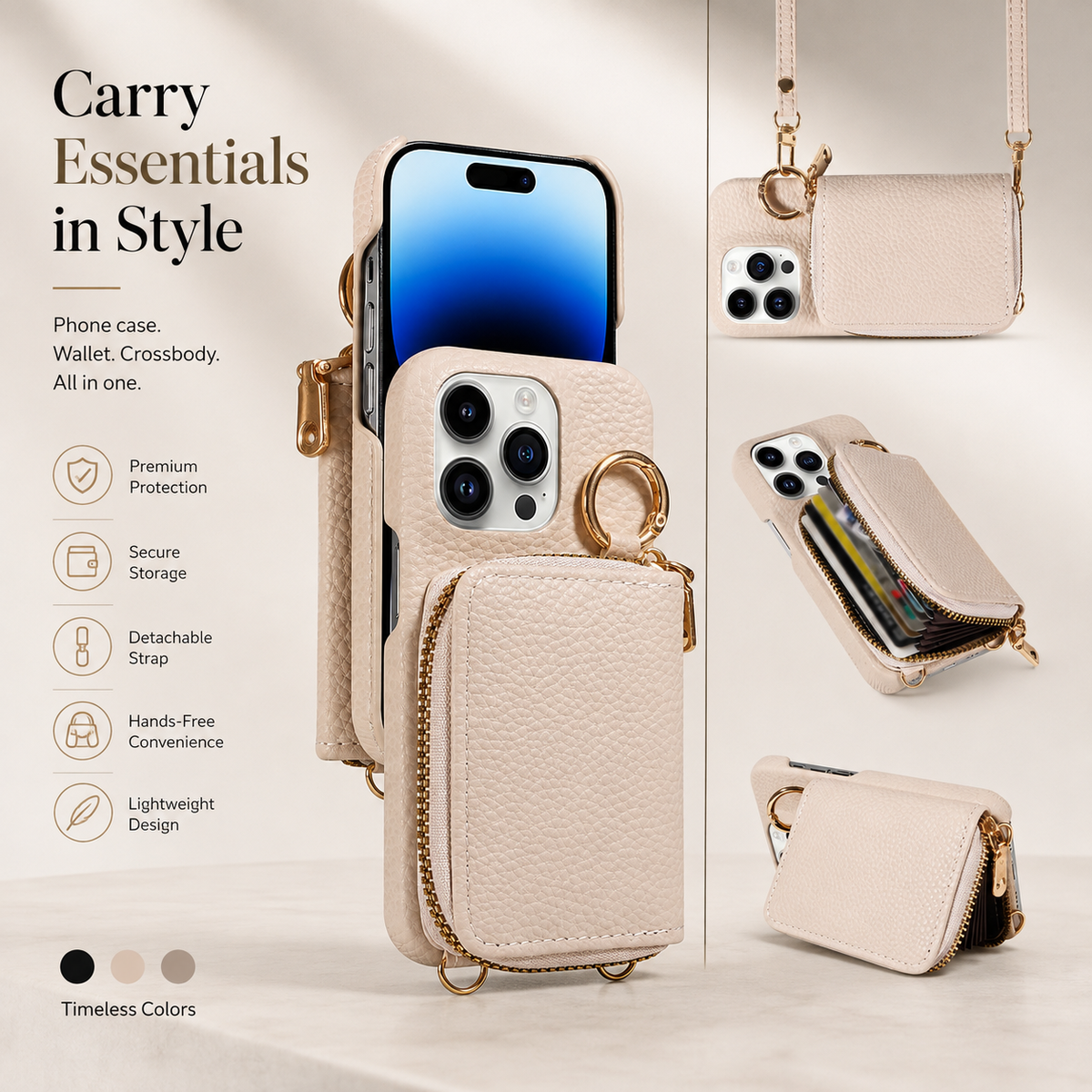 Premium iPhone Case Zipper Wallet Crossbody Cover PU Leather Card Holder Lanyard Strap Magnetic Closure Shockproof Full Protection Slim Design