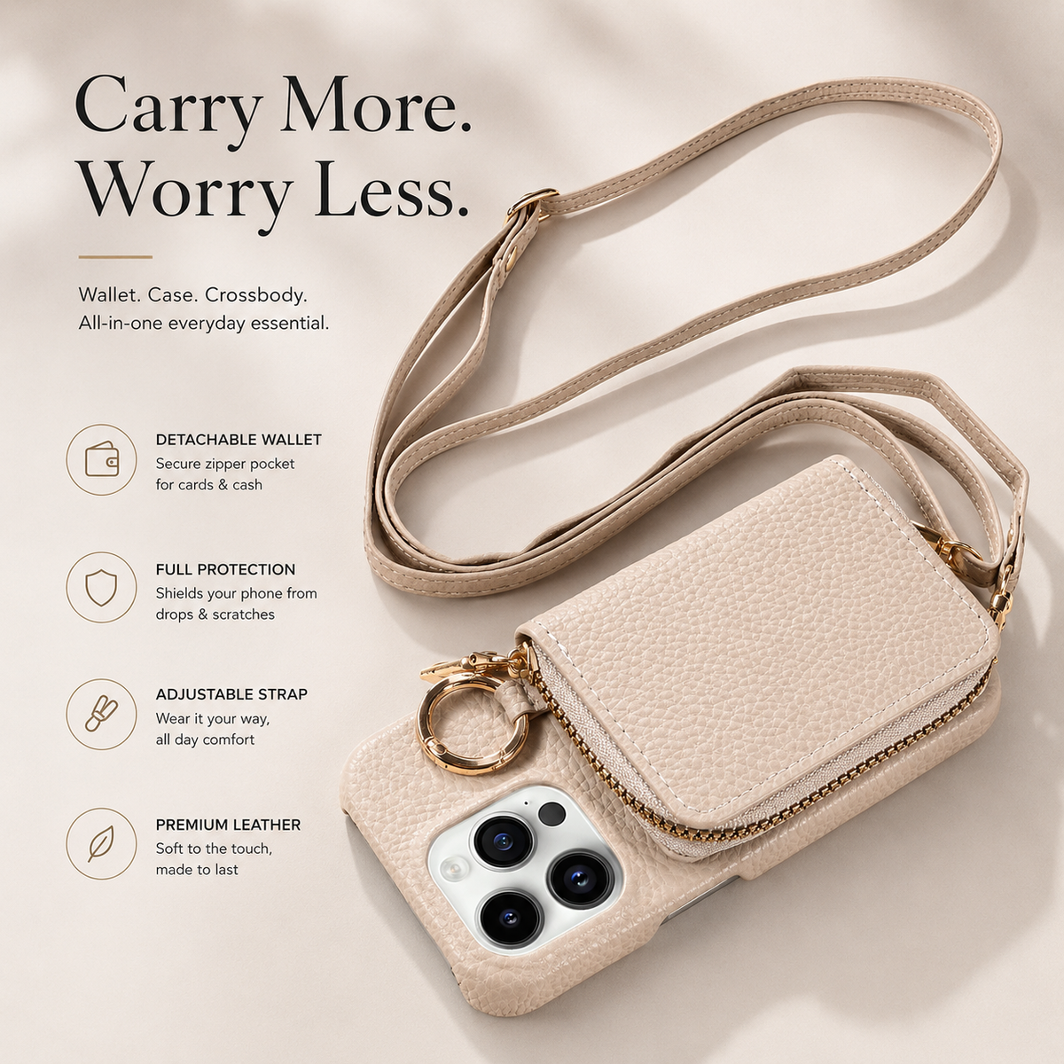 Premium iPhone Case Zipper Wallet Crossbody Cover PU Leather Card Holder Lanyard Strap Magnetic Closure Shockproof Full Protection Slim Design